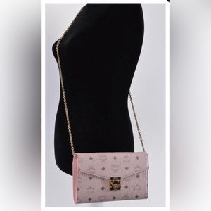 MCM Wallet on Chain New Visetos Large Purse Pink Coated Canvas Cross Body Bag